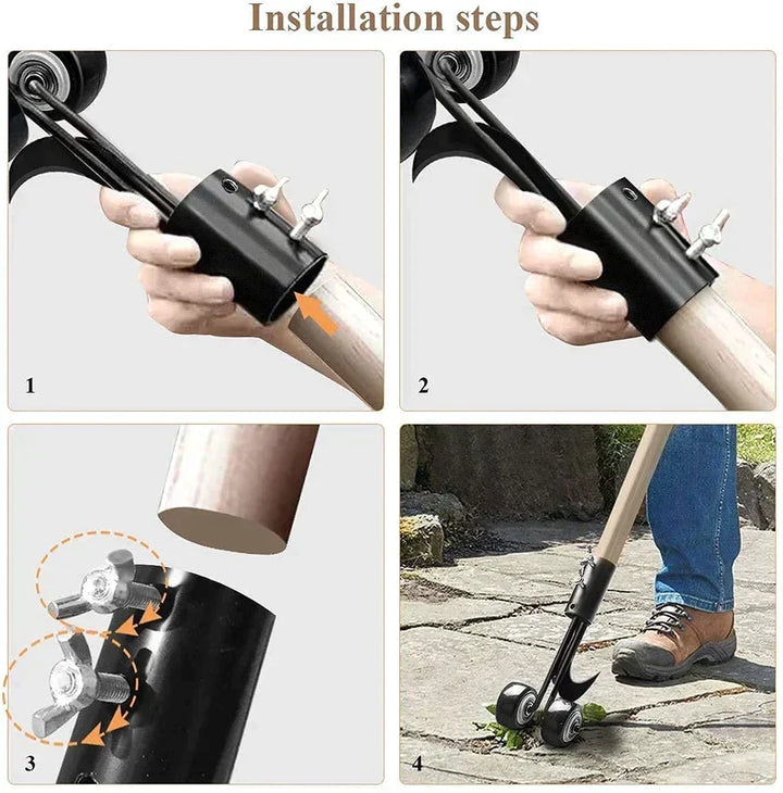 Onkruidverwijderaar in groene tuin; essentieel ergonomisch tuingereedschap voor buitenleven.