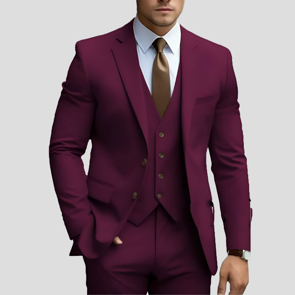 Chique driedelig slimfit herenpak, perfect als feestpak, bruiloftskostuum of zakelijke elegante avondkleding.