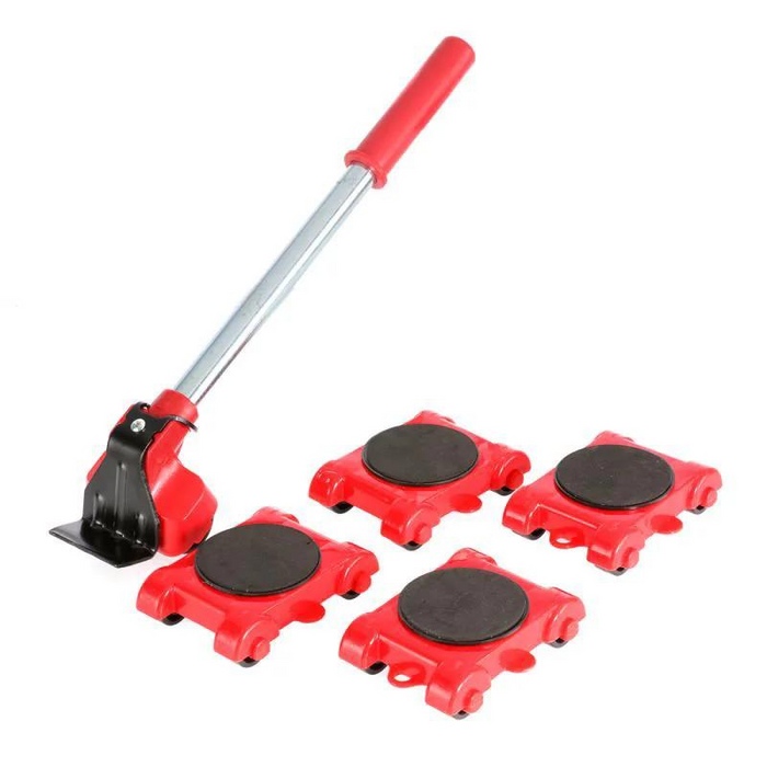 Vier stevige wieltjes/meubelrollers van de Liftaro set, klaar om zware kasten en meubels te verplaatsen.