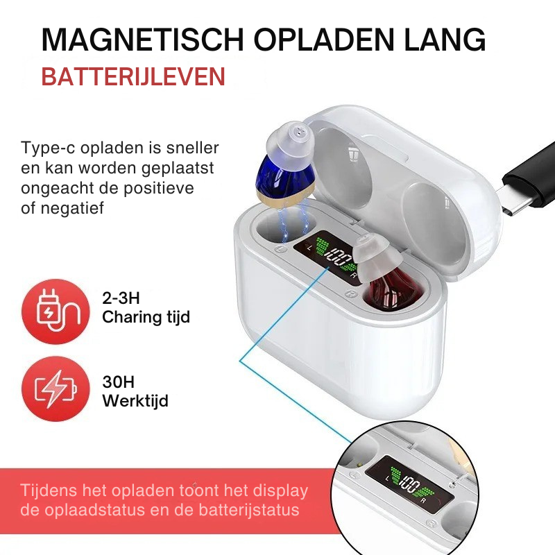 Comfortabel & discreet in-ear hoortoestel. Oplaadbaar gehoorapparaat met helder geluid voor langdurig, onzichtbaar draagcomfort.