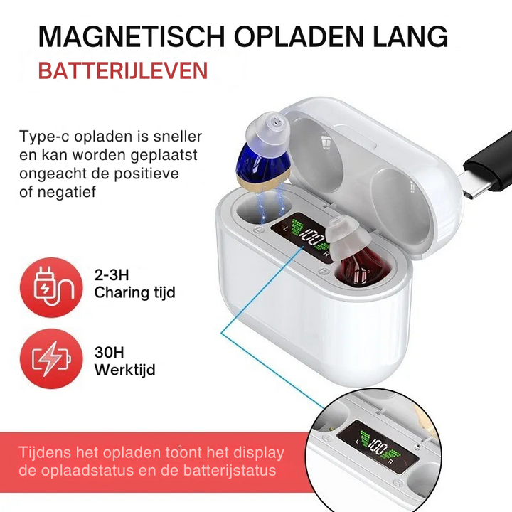 Comfortabel & discreet in-ear hoortoestel. Oplaadbaar gehoorapparaat met helder geluid voor langdurig, onzichtbaar draagcomfort.