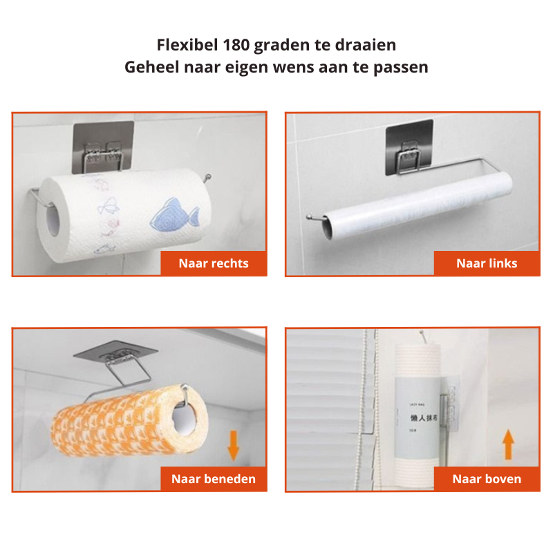 Stijlvolle set van 2 RVS keukenrolhouders. Voor een netjes en modern keukenblad, zonder boren te installeren. Praktisch opbergen.