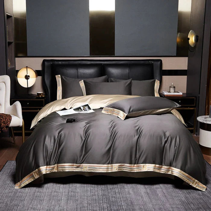Elegante effen geborduurde dekbedovertrek set van satijn katoen. Perfect voor een stijlvolle slaapkamer.