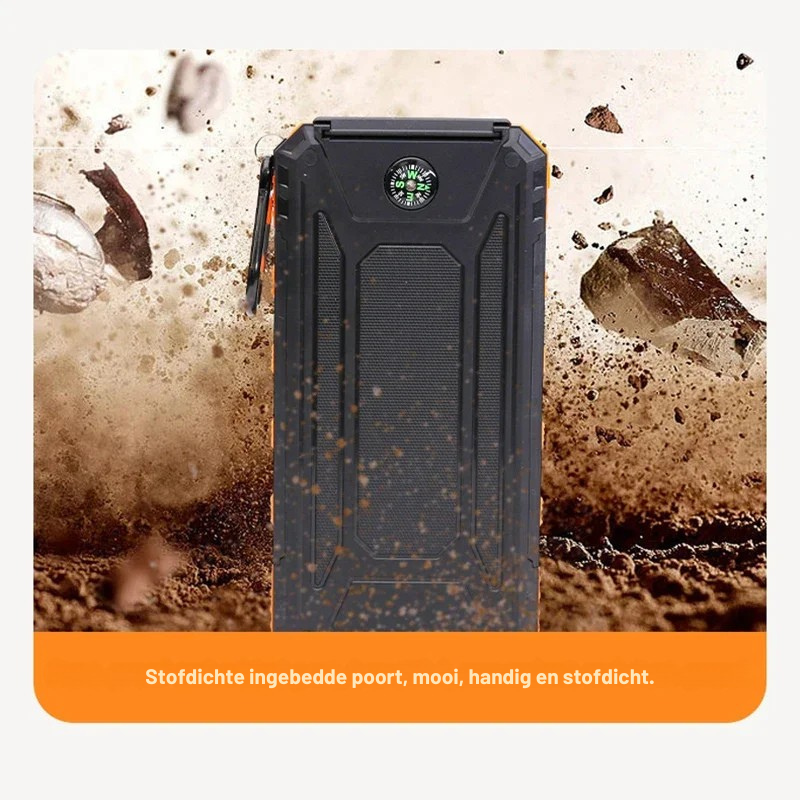 Betrouwbare noodstroom zonne-energie powerbank, compact en essentieel voor outdoor avonturen.