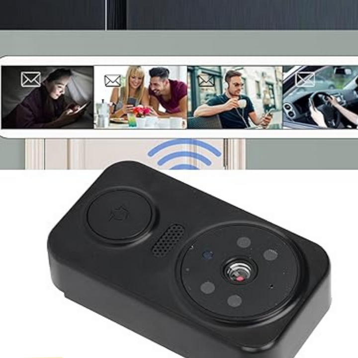 Stijlvolle zwarte slimme deurbel met camera, wifi connectiviteit en alarm, perfect voor huisautomatisering.