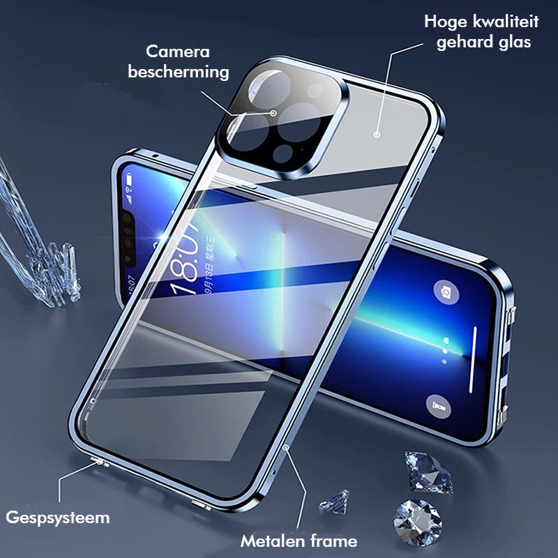 Duurzaam iPhone hoesje: aluminium frame en siliconen binnenzijde voor volledige schokbestendige bescherming.