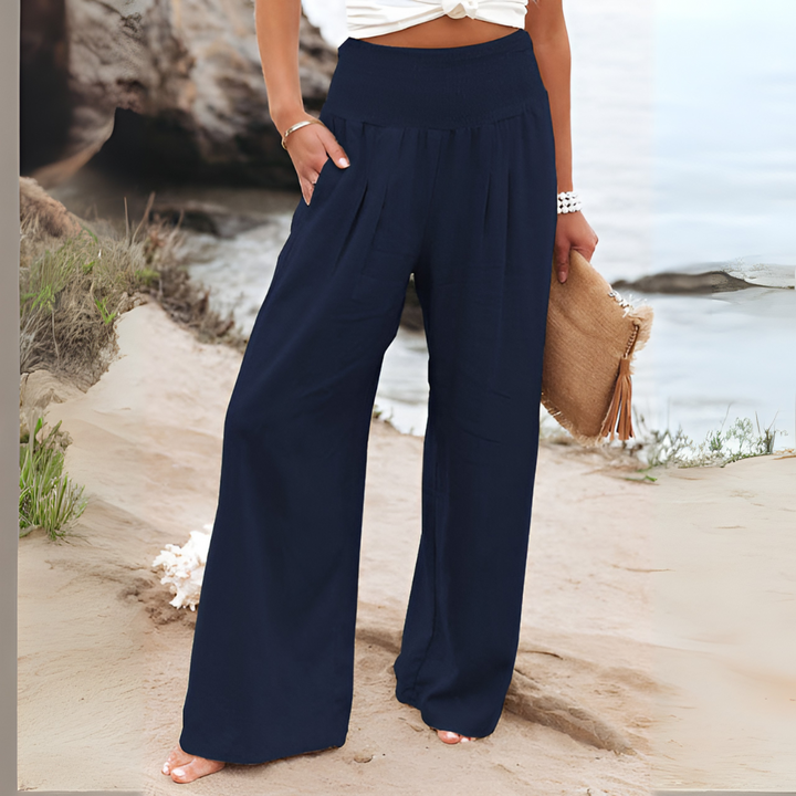 Getailleerde high-waist linnen broek voor dames, met stretch voor optimale bewegingsvrijheid en comfort.