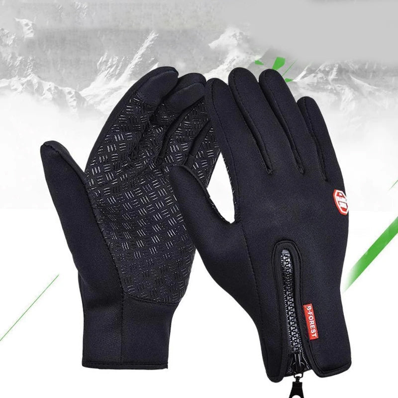 Zwarte thermische heren handschoenen met touchscreen vingertoppen; ideaal voor winterse sport & fietsen.