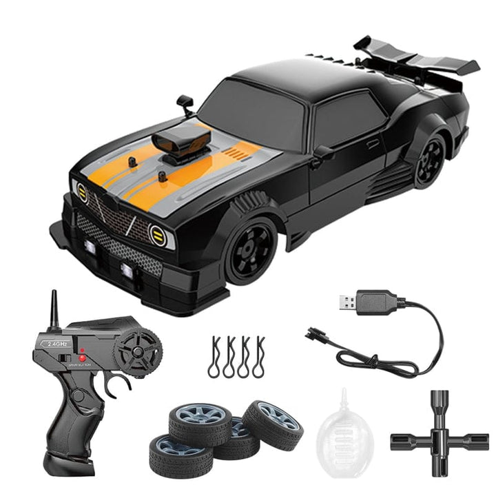 Dynamische RC driftauto in actie, perfect buitenspeelgoed met vierwielaandrijving voor snelle races.