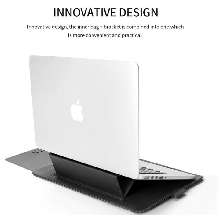 Zwarte laptophoes met opvouwbare laptopstandaard; verbetert houding en biedt bescherming.