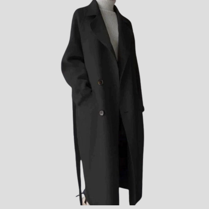 Comfortabele lange dames winterjas met warme wolmix, knoopsluiting en hoge kraag voor ultieme bescherming.