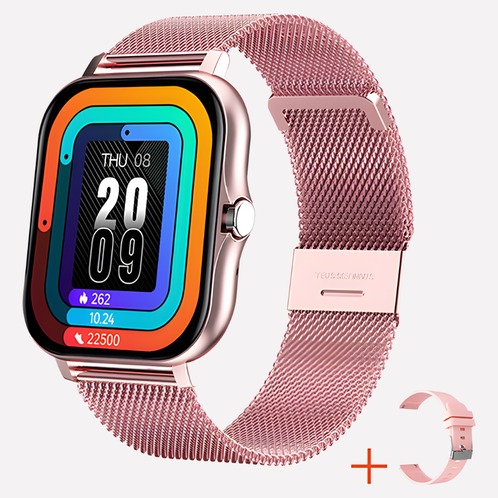 Roze smartwatch met GPS voor veiligheid, touchscreen en oplaadbaar. Verkrijgbaar in meerdere kleuren.
