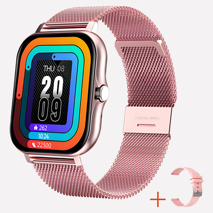 Roze smartwatch met GPS voor veiligheid, touchscreen en oplaadbaar. Verkrijgbaar in meerdere kleuren.