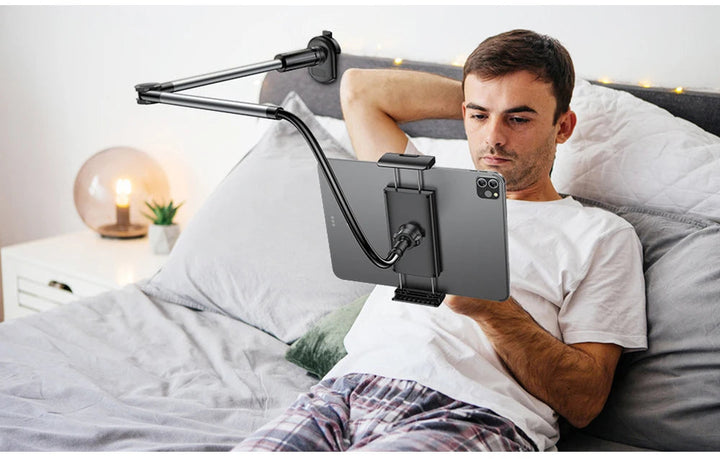 Universele telefoon- en tablethouder voor handsfree gebruik op bureau of in bed, ideaal kijkcomfort.