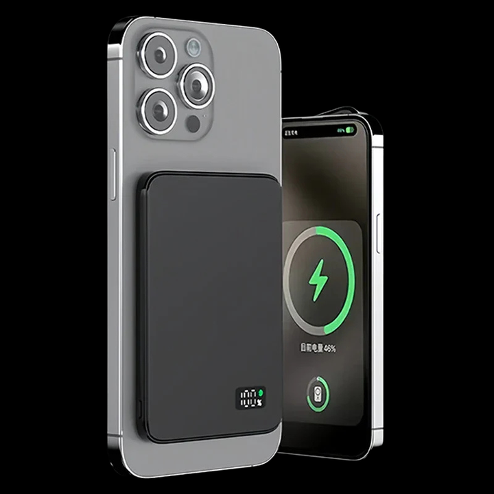 Powerbank met helder LED display. Magnetisch, draadloos en ultracompact. Een slimme mobiele gadget.