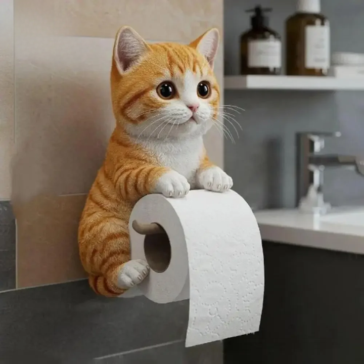 Wandgemonteerde katten toiletpapierhouder in harscoating, voegt charme toe aan elke badkamer.