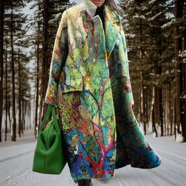 Groene enkellange dames winterjas. Comfortabele, warme mantel voor elegante winterkleding.