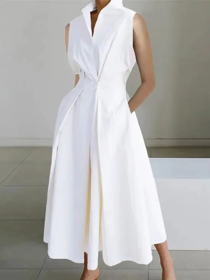 Witte/beige Hoymans dames midi jurk met reverskraag, A-lijn. Katoen-polyester mix voor comfort en stijl.