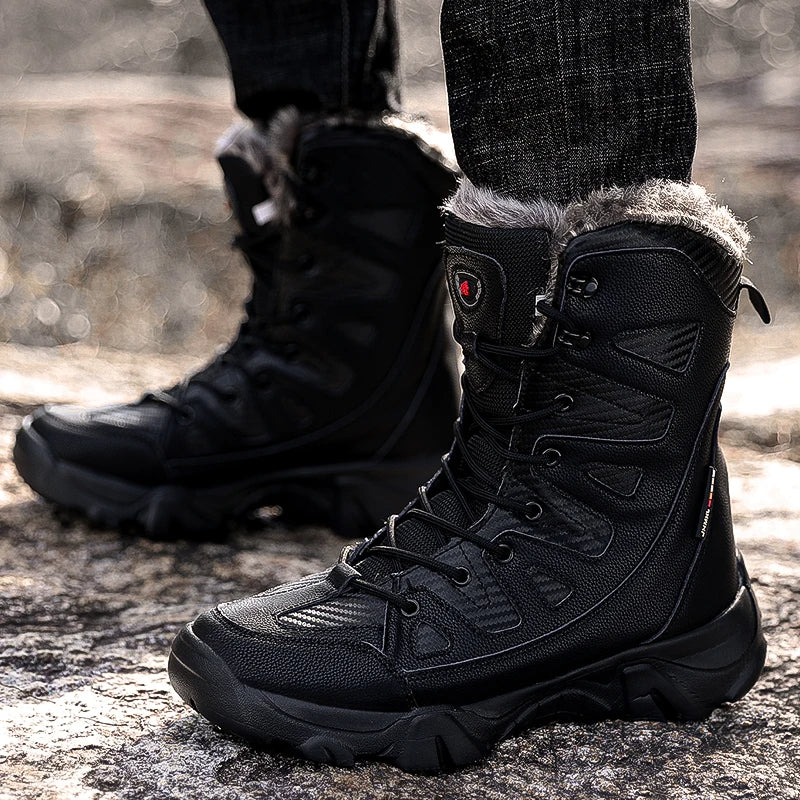 Detail van waterdicht materiaal op deze warme heren snowboots; klaar voor de winterse avonturen.