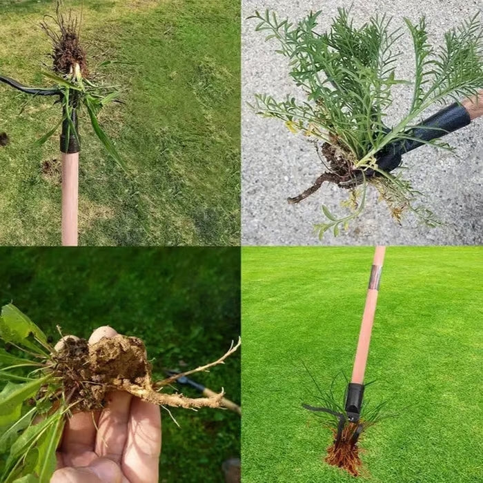 Detail van de staande onkruidtrekker in actie, pakt onkruid met wortel. Essentieel voor tuinonderhoud zonder bukken.