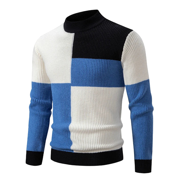 Slim fit heren trui, comfortabel en warm. Trendy patchwork design perfect voor herfst en winter.