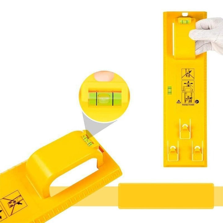 Geel EasyHang gereedschap met waterpas voor het exact ophangen van fotolijsten en andere wanddecoratie.