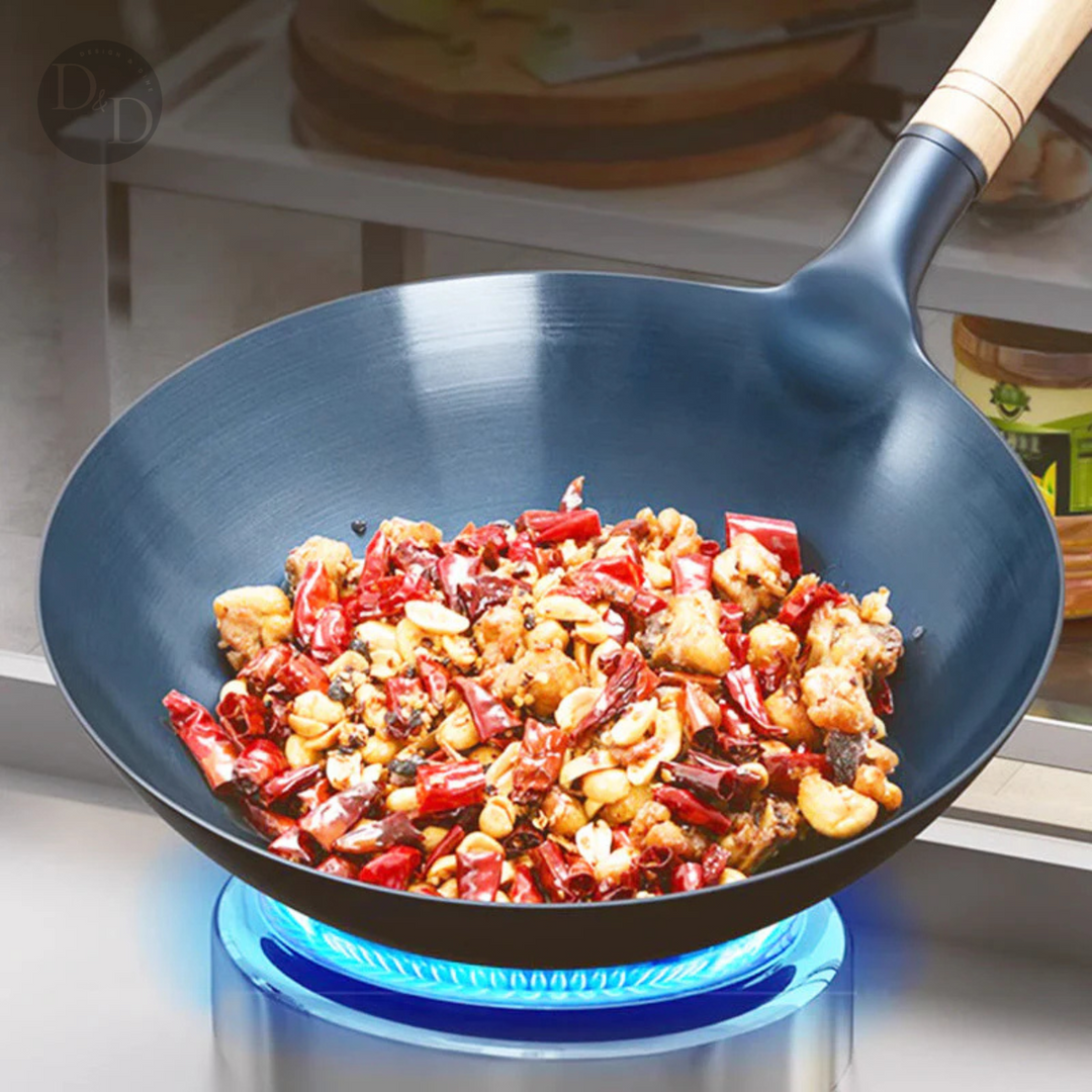 Stijlvolle ijzeren wokpan (koolstofstaal) die gezond koken ondersteunt en past in elke keuken.