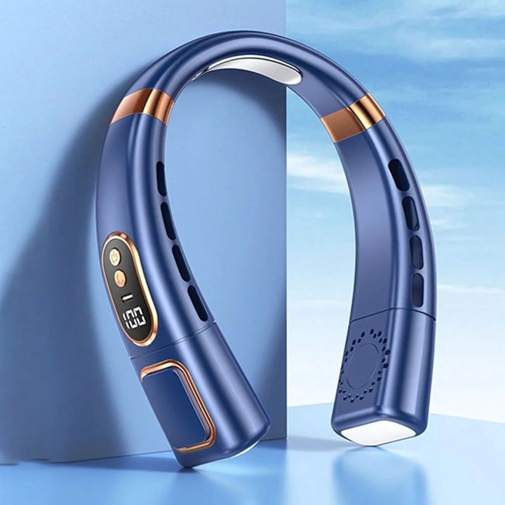 Digitale 360° nekventilator, unisex. Oplaadbaar, bladloos design voor comfortabele handsfree koeling.