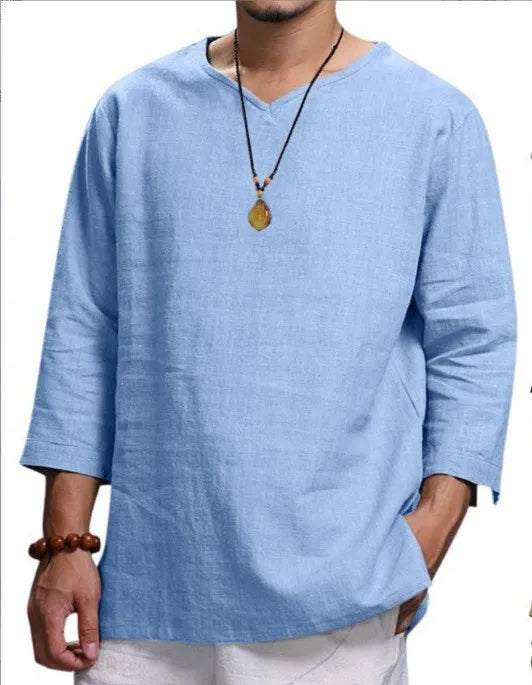 Stijlvol effen heren T-shirt met 3/4 mouw, geschikt voor relaxte casual outfits.