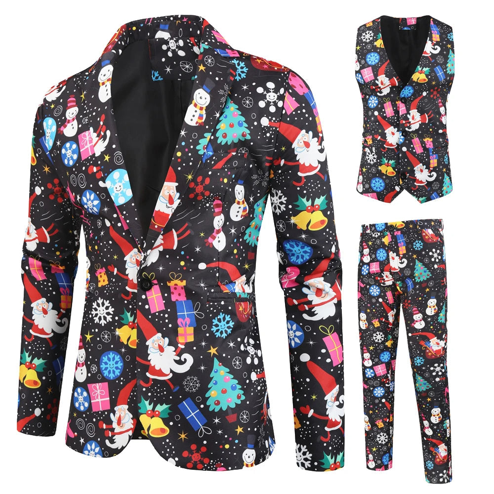 Levendig kerstpak voor heren, ideaal voor de wintercollectie. Inclusief blazer, gilet en bijpassende broek.