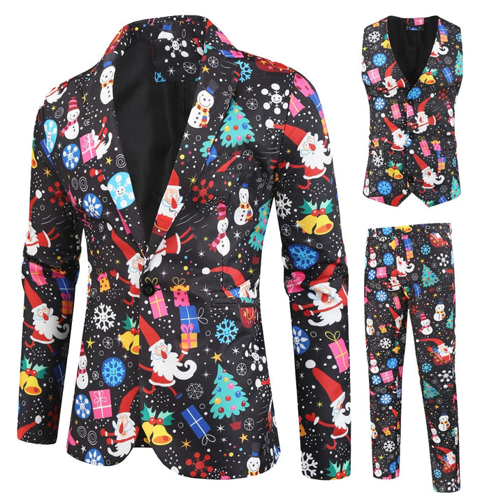 Levendig kerstpak voor heren, ideaal voor de wintercollectie. Inclusief blazer, gilet en bijpassende broek.