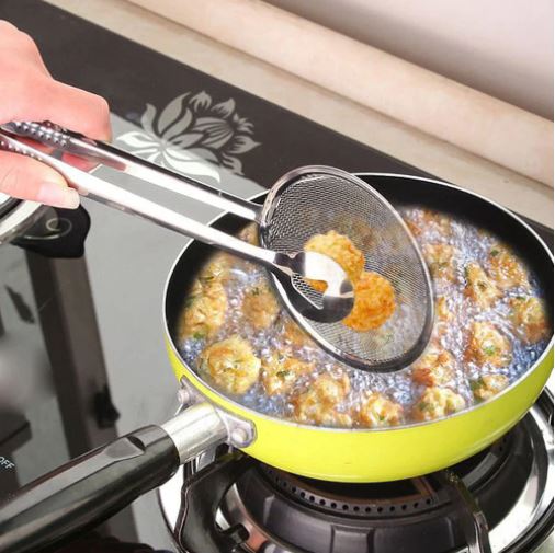 Duurzame roestvrijstalen frituurklem met ingebouwde oliefilterzeef, perfect kookgerei voor frituren en afgieten.