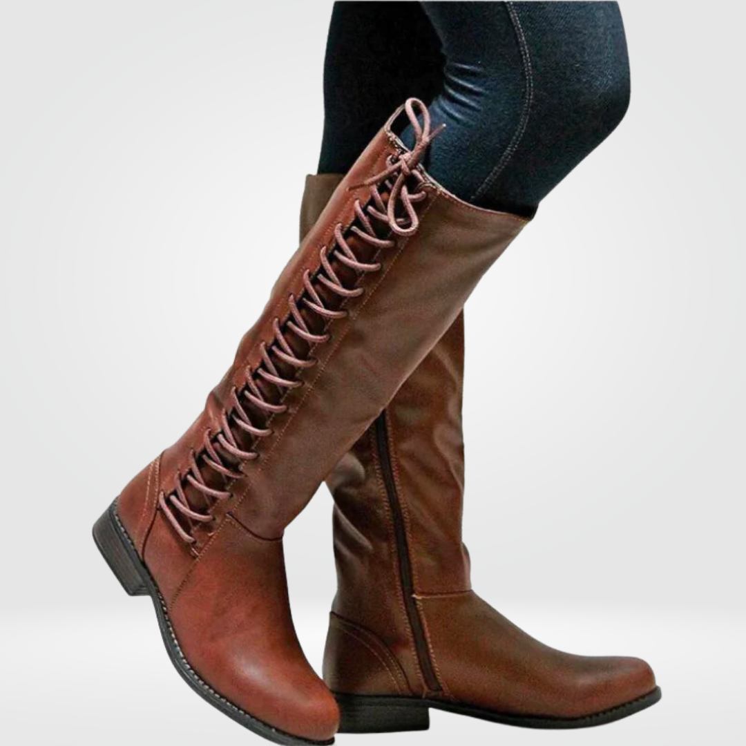 Bruine leren hoge dameslaarzen Elena, comfortabel en modieus voor elke winterse outfit.