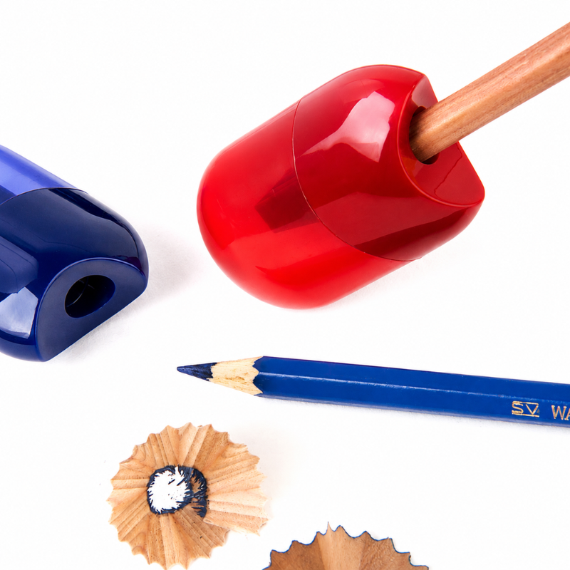 Vrolijke puntenslijper met dubbel gat voor potloden, ideaal voor schoolkinderen en creatieve tekenprojecten.