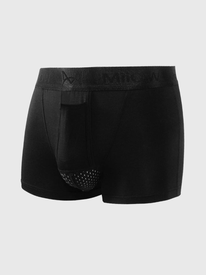 Close-up van de innovatieve dual pouch in deze elastische heren boxershorts; optimale ondersteuning en bewegingsvrijheid.