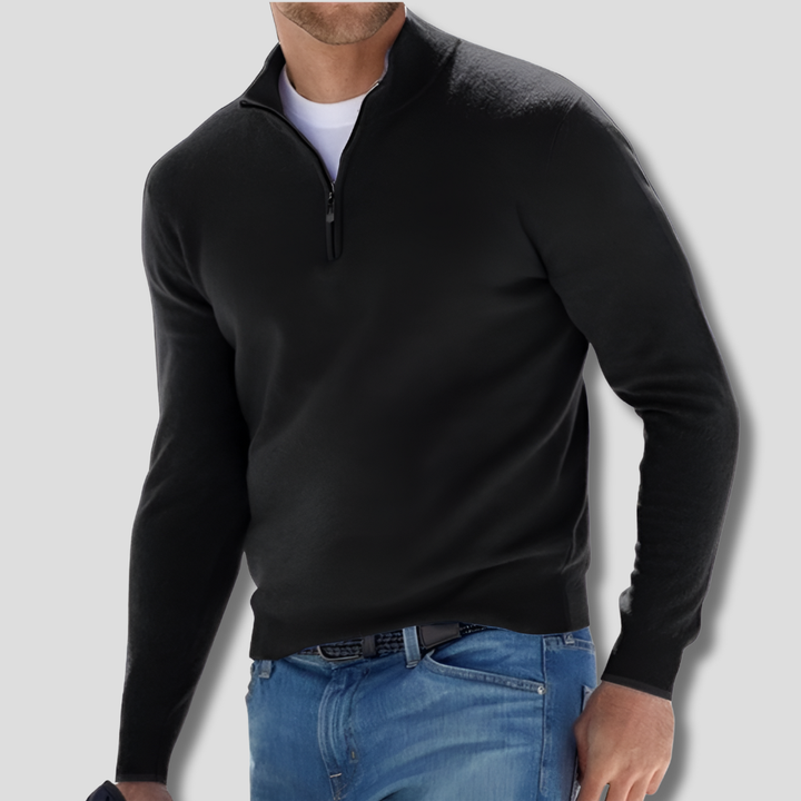 Stijlvolle heren gebreide trui met ritskraag. Comfortabele katoenen pullover, perfect voor koude dagen.