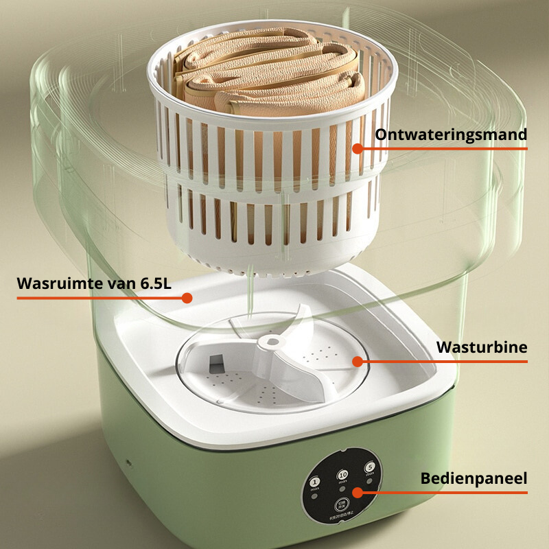 Kleine opvouwbare wasmachine met droogfunctie voor sokken, handdoeken en delicate kleding; eenvoudig opbergen.