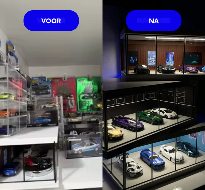 Verlicht je modelauto's perfect in deze moderne display garage; een must-have voor elke modelbouw verzamelaar.