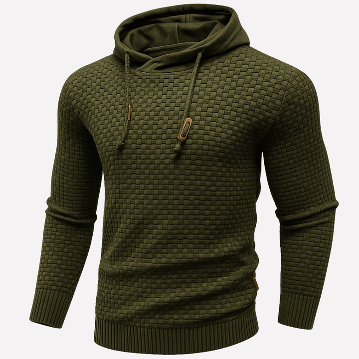 Detailopname van comfortabele heren hoodie pullover, zachte stof, ideaal voor dagelijks comfortabele kleding.