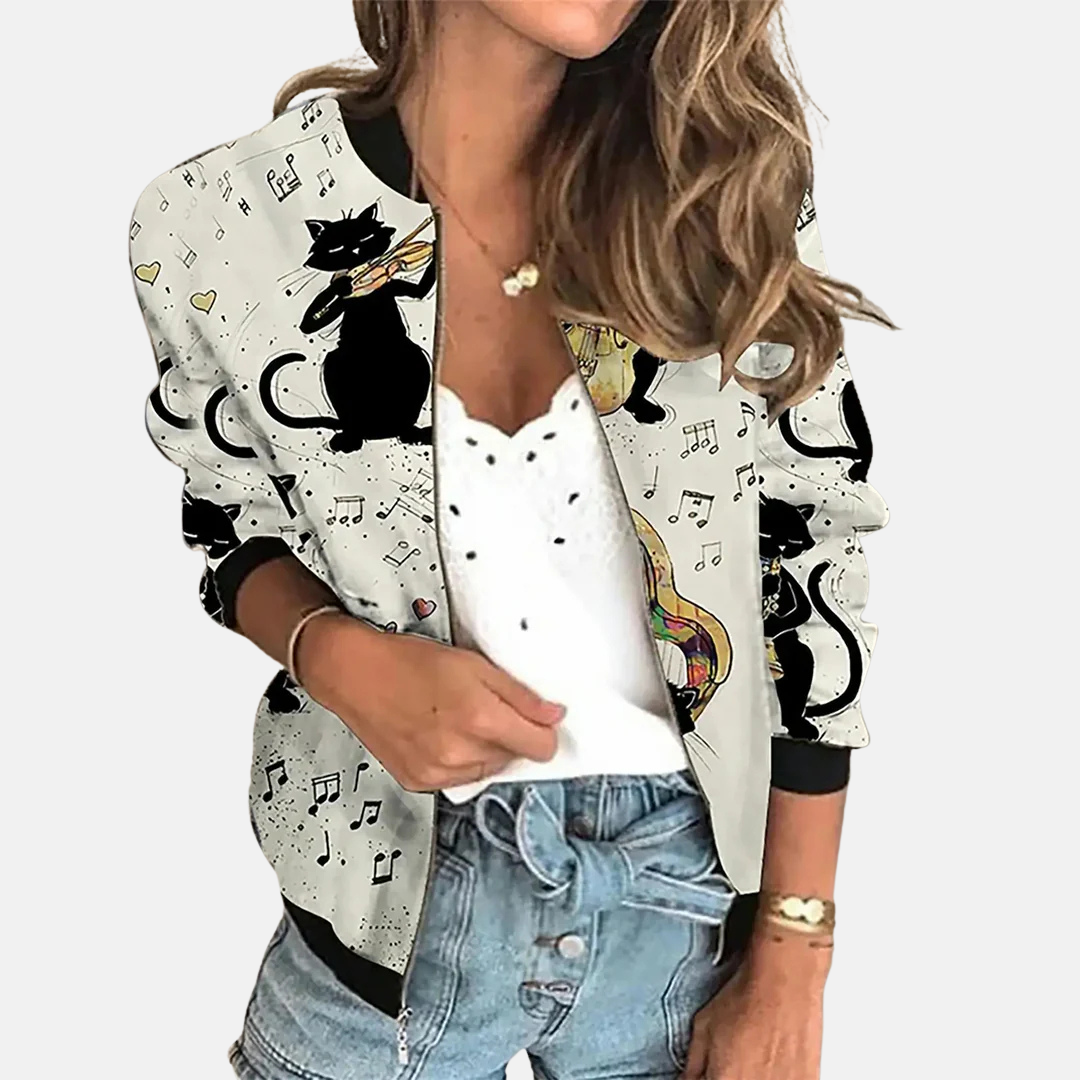 Hoymans dames retro bomberjack van polyester. Trendy bovenkleding met opvallende digitale print.