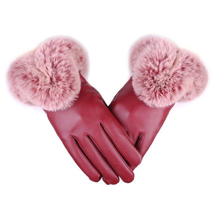 Elegante paarse dames winterhandschoenen van PU leer met zachte imitatiebont voering.