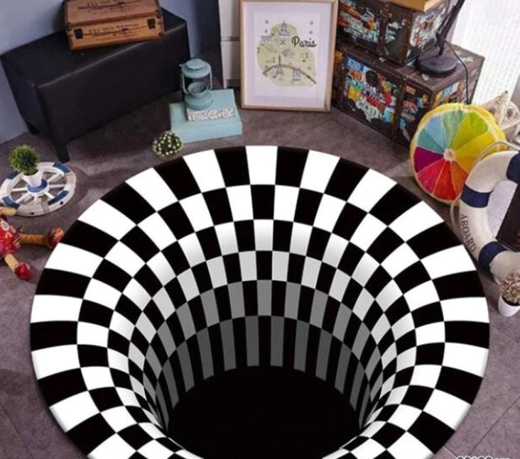 Magisch 3D optisch effect vloerkleed, een ronde illusie mat die diepte creëert en een blikvanger is.