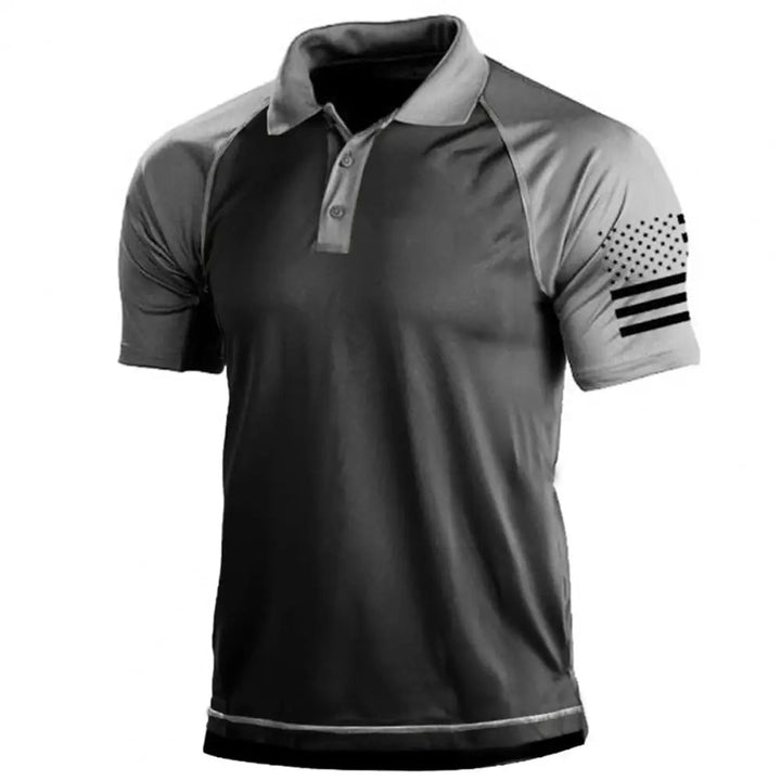 Comfortabel Hoymans heren sportshirt met kraag, uniek vlagdesign patchwork en ademende stof voor actievekleding.