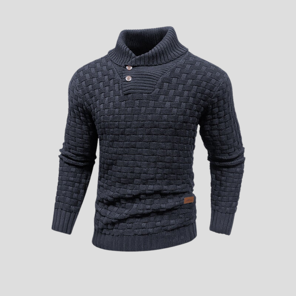 Stijlvolle heren gebreide trui met halve kraag en knoopjes. Perfecte wintertrui voor moderne mannen.