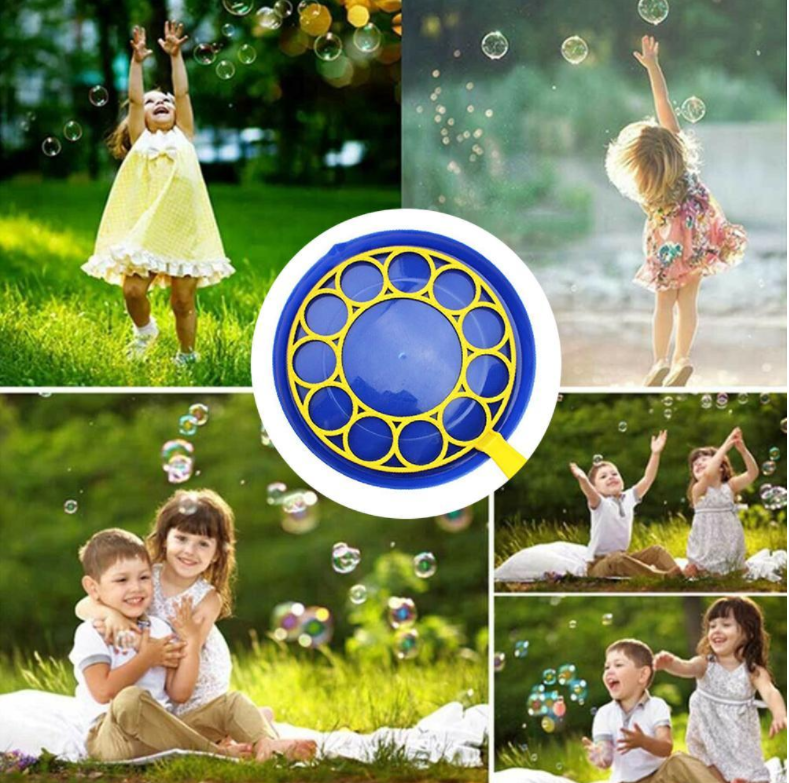 Feestartikelen: kleurrijke bellenblaasmachine die veel bellen creëert voor kinderfeestjes en buitenplezier.