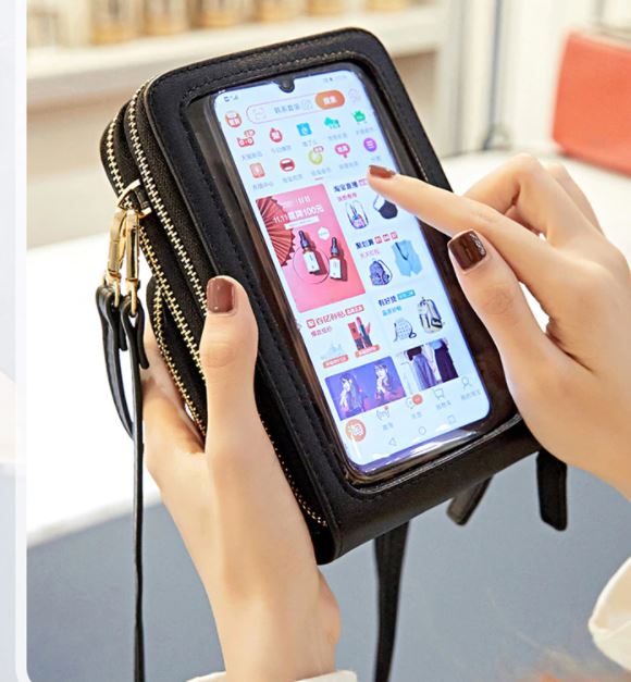 Stijlvolle PU leren schoudertas voor dames met geïntegreerd touchscreen venster voor mobiele telefoon.