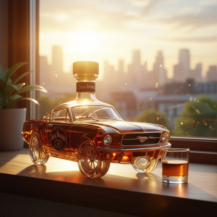Whiskey karaf in iconische Mustang stijl auto vorm, ideaal voor het serveren van sterke drank.