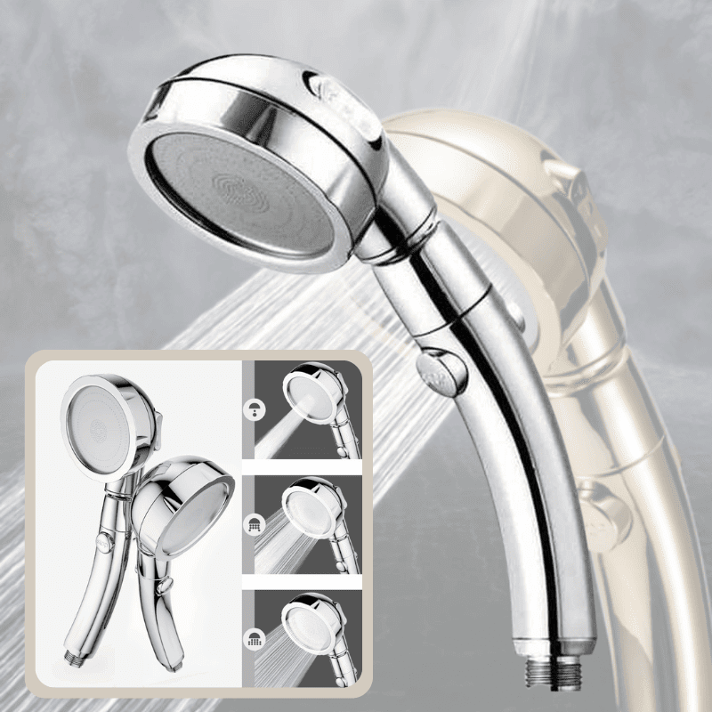 Luxe 3-in-1 zilveren douchekop met hoge druk en waterbesparing voor een spa-ervaring in de badkamer.