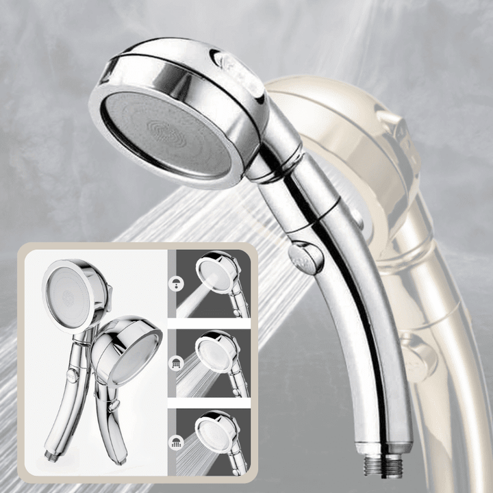 Luxe 3-in-1 zilveren douchekop met hoge druk en waterbesparing voor een spa-ervaring in de badkamer.