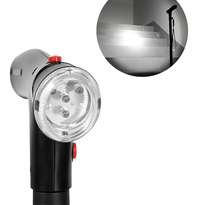 Ergonomische opvouwbare wandelstok met dubbele handgrepen, ingebouwd alarm en krachtig LED licht voor extra zichtbaarheid.